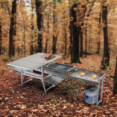Komodo Camp Kitchen - Dual Grill, Skillet, Folding Shelves, And Rocket Tower - Stainless Steel - Lolo Overland Outfitting