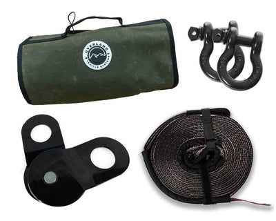 Recovery Wrap Kit Including 20" Tow Strap, Pair Of Black D-Rings, Snatch Block And Canvas Bag - Lolo Overland Outfitting